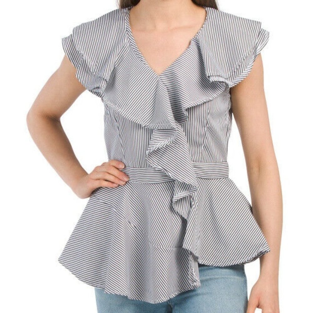 Dalin Ruffle Stripe Short Sleeve Top White Black Large & XL NWT